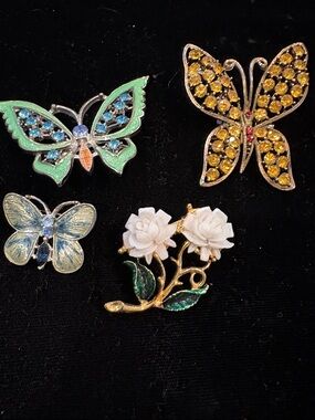 Gold-Tone Yellow Crystal Butterfly Brooch - Floral Accent Pin